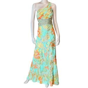 Betsy & Adam Y2K Maxi Prom Dress Women's 6 Floral‎ Silk Metallic One-Shoulder